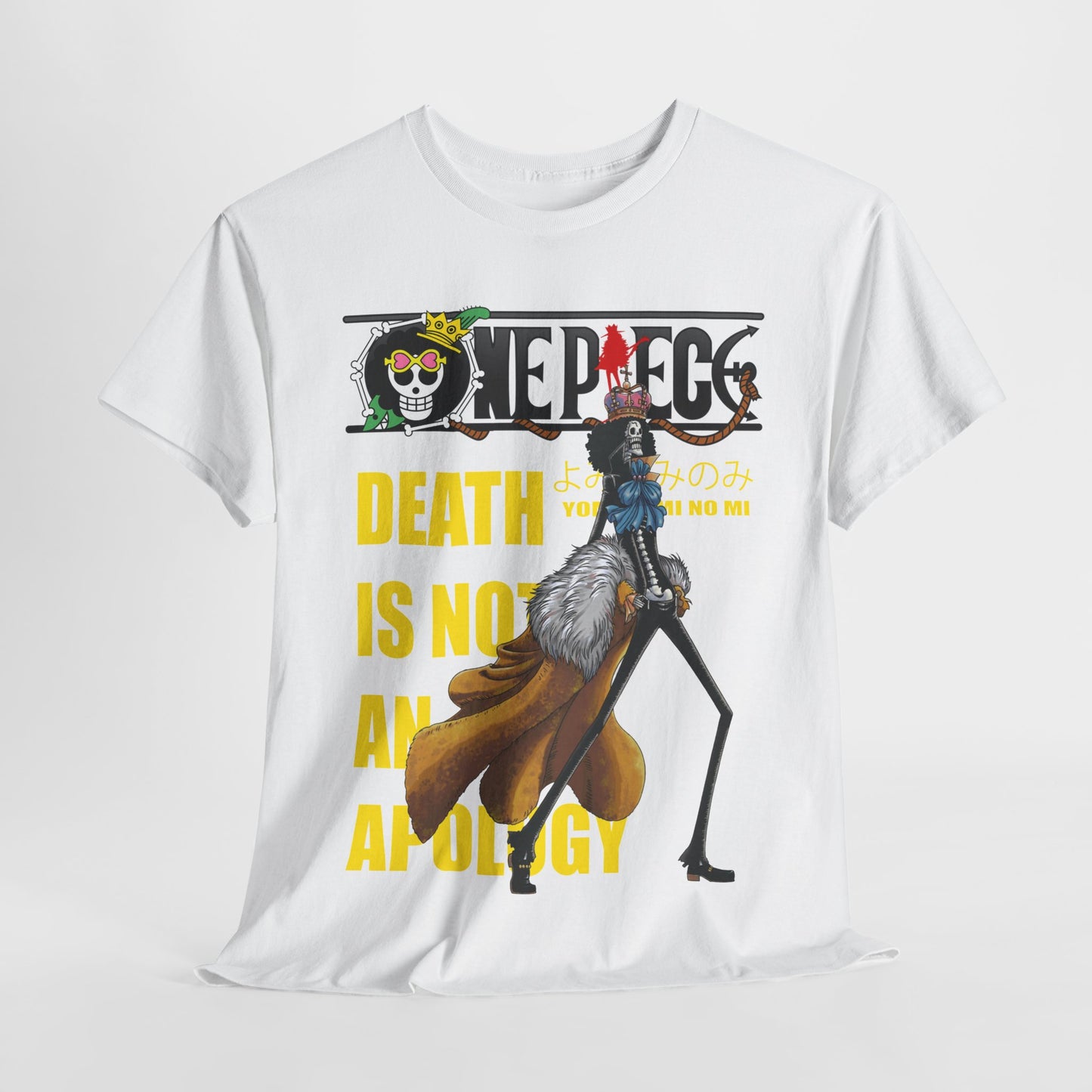 Luxurious white graphic tee featuring a striking illustration of a skeleton character from an anime, emblazoned with bold text 'DEATH IS NOT AN APOLOGY'. Ideal for anime aficionados seeking a unique fashion statement.