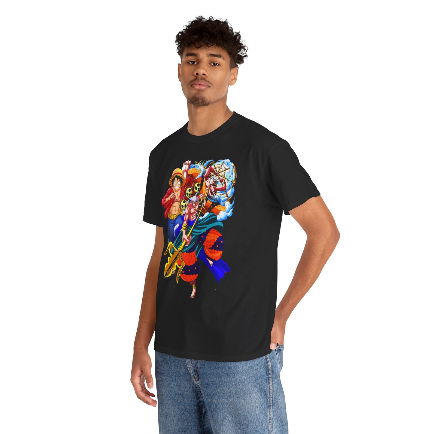 Fashionable young man modelling a black anime graphic t-shirt adorned with striking character art, embodying the spirit of adventure and modern style perfect for discerning fans.
