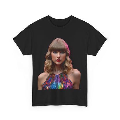 Front view of the exclusive Swifties Psychedelic Taylor Swift Heavy Cotton Tee, showcasing a vibrant psychedelic print of Taylor Swift, ideal for devoted fans of her music.