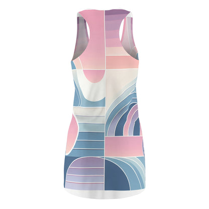 Celeste Rutherford Racerback Dress showcasing pastel gradient elegance in soothing pink, purple, and blue, perfect for luxurious summer events.