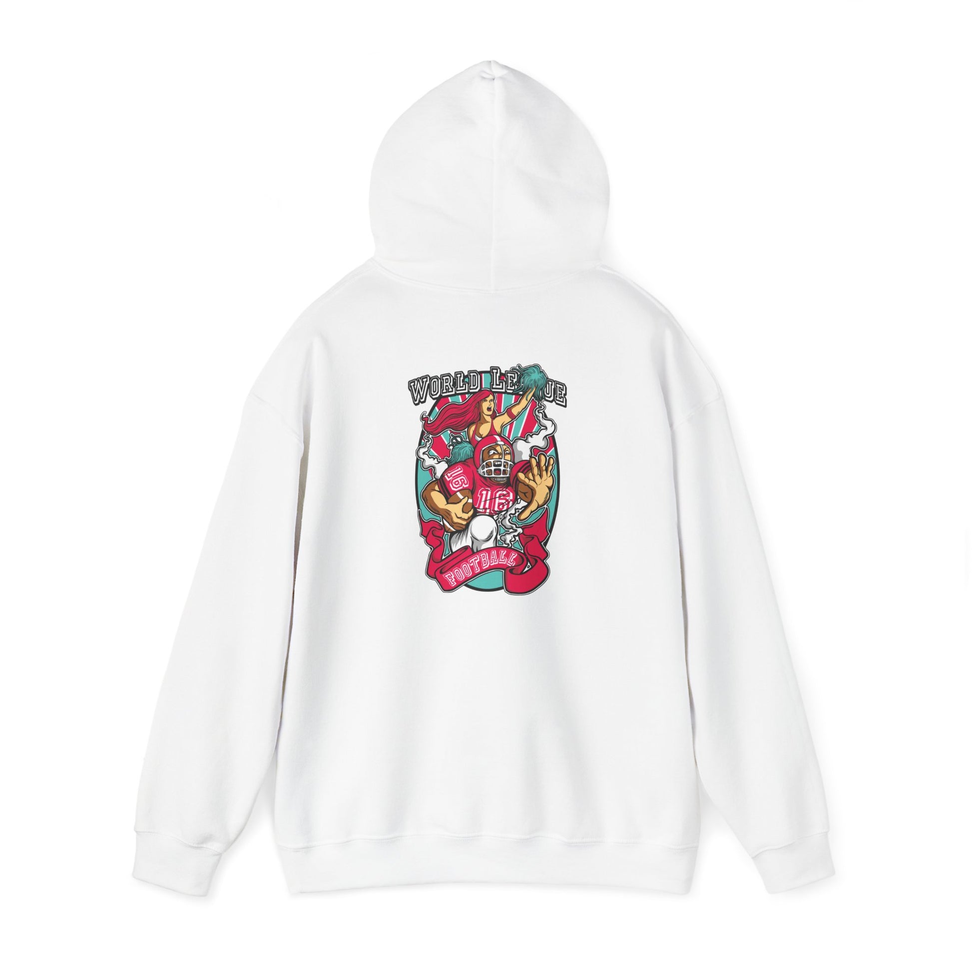 Designer white hoodie with vibrant back print of a football character, embodying dynamic sports energy and style.
