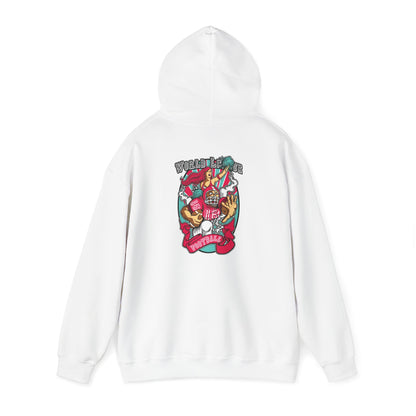 Designer white hoodie with vibrant back print of a football character, embodying dynamic sports energy and style.