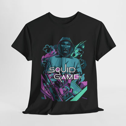 Luxury black graphic T-shirt featuring a striking Squid Game design with a hooded figure, making a bold fashion statement. Perfect for fans and trendsetters alike.