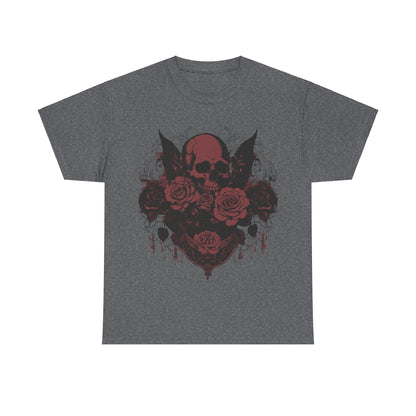 Skulls and Roses Cotton Tee, Unisex Graphic Shirt, presented in a rich grey variant. The luxurious graphic displays a skull integrated with delicate roses, perfect for fashion-forward individuals.