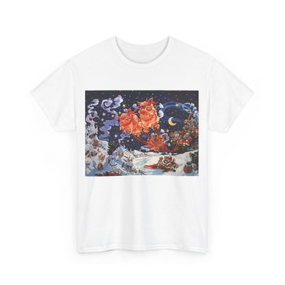 Front view of the Discworld Hogfather Unisex Graphic Tee Shirt in white, featuring an enchanting design inspired by Terry Pratchett's Hogfather.