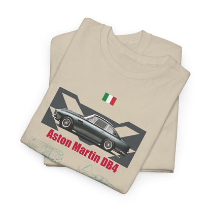 Stacked Aston Martin DB4 t-shirts in beige, highlighting rich graphical elements and exquisite craftsmanship.