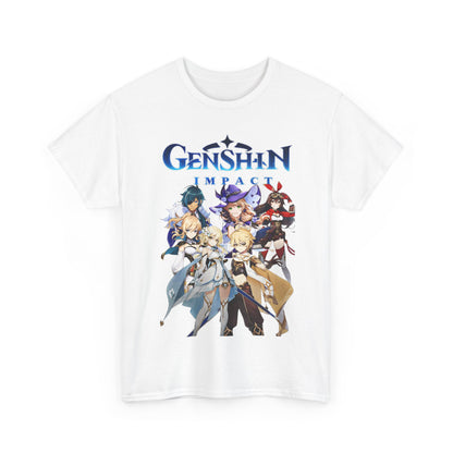 Stylish Genshin Impact t-shirt featuring vibrant anime character design, showcasing a group of iconic characters in an eye-catching graphic, perfect for fans.