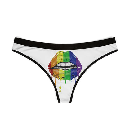 Artistic front view of a women's thong with a bold graphic of dripping multi-coloured lips, symbolising cheeky romance.