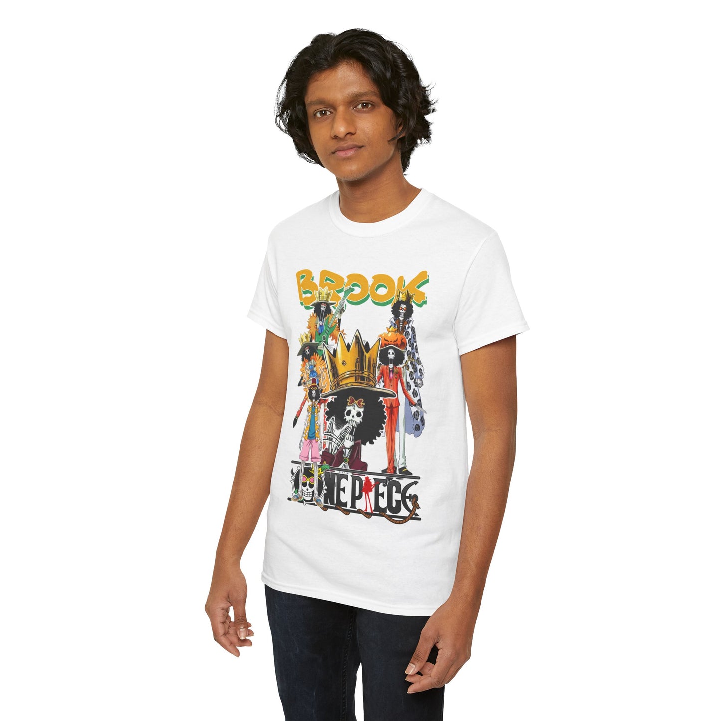 Sophisticated young man showcasing a white t-shirt featuring an elaborate Brook character design from anime, reflecting a blend of style and fandom.