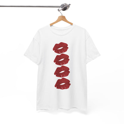 Elegant hanging white graphic t-shirt showcasing four artistic crimson lip prints, perfect for a stylish and romantic casual attire.