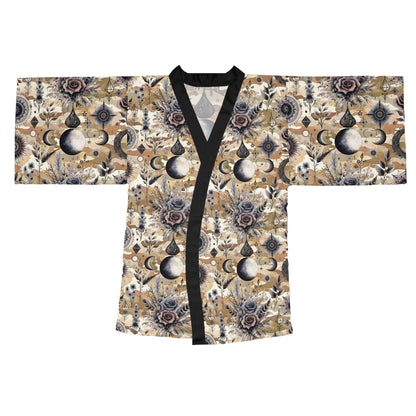 Luxurious Floral Kimono Robe showcased on a neutral background, featuring intricate floral and celestial designs with a chic black trim.