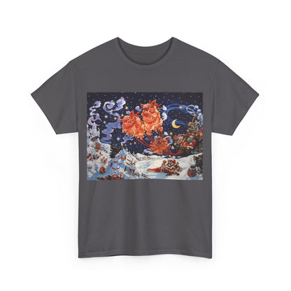 Discworld Hogfather Unisex Graphic Tee Shirt featuring iconic cover artwork, richly illustrated with festive scenes inspired by Terry Pratchett's work.