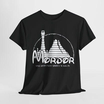 Elegant black t-shirt elegantly draped, adorned with a graphic of Mordor and the quote 'One Does Not Simply Walk In', showcasing a refined and adventurous spirit.