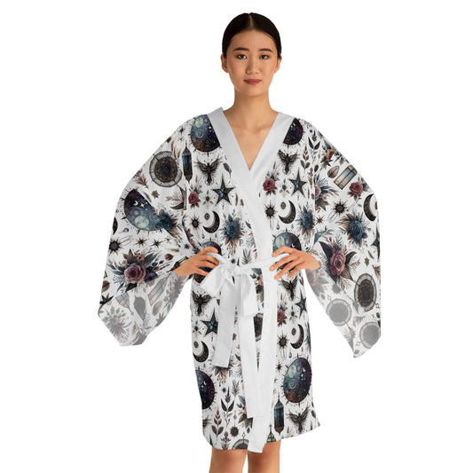 Floral Kimono Robe, Women's Robe, Designer Lounge Wear shown with a delicate floral and celestial design, embodying luxurious boho chic style.