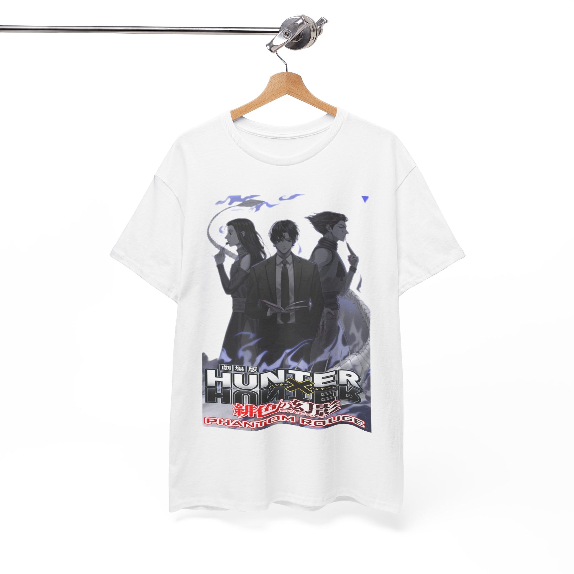 Stylish Hunter x Hunter Phantom Rouge T-shirt elegantly hanging on a wooden hanger, featuring a bold graphic design of beloved characters that appeals to discerning anime fans.