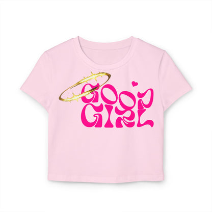 Elegant Good Girl Cropped Tee in delicate pink fabric showcasing bold pink typography and a charming golden halo, a must-have for chic and conscious fashion lovers.