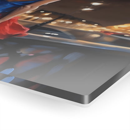 A close-up view of the Captivating Enchantment: City Stroll Acrylic Print highlighting its glossy finish and vibrant colours. This luxurious artwork features a woman in a flowing red dress, capturing the essence of a Parisian night.