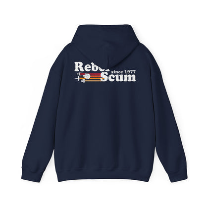 Elegant navy blue Rebel Scum hoodie featuring a vintage graphic design on the back, showcasing the text 'Rebel Scum since 1977' with subtle spacecraft imagery, perfect for adding a retro stylish touch to your wardrobe.