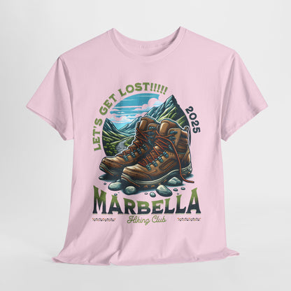 Marbella Hiking Club Unisex Graphic Tee showcasing a stylish design with hiking boots and mountain scenery, perfect for outdoor adventures. Crafted from premium cotton, this tee embodies adventure-ready style and comfort for nature enthusiasts.