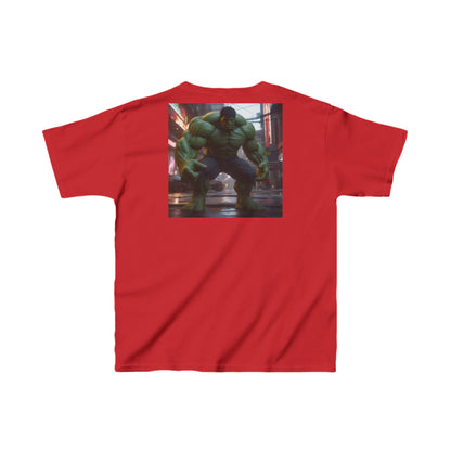 Kids Heavy-Duty Hulk Graphic Tee in red showcasing a striking Hulk graphic, ideal for adventurous little ones.