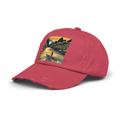 Unisex Distressed Paddleboarders Cap in a rich crimson hue, adorned with a fantasy design that captures the essence of stylish water adventures.