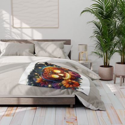Exquisite Decorative and Warm Halloween Skellington Spooky Arctic Fleece Blanket spread over a fashionable bed, featuring intricate skull and floral patterns, perfect for creating an inviting Halloween ambience.
