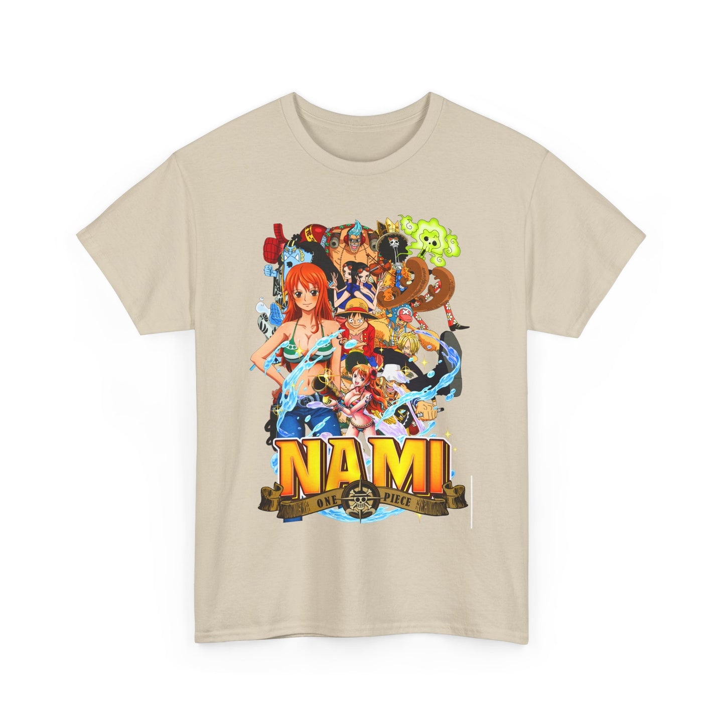 Stylish men's t-shirt in a chic beige colour, adorned with a vivid Nami graphic from One Piece, ideal for discerning anime enthusiasts.