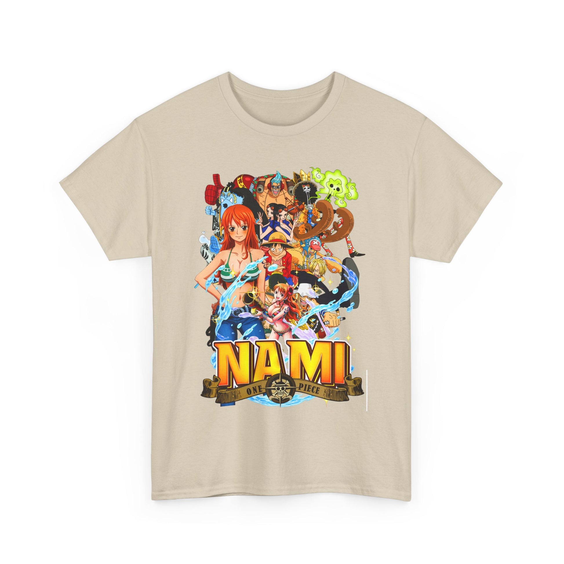 Stylish men's t-shirt in a chic beige colour, adorned with a vivid Nami graphic from One Piece, ideal for discerning anime enthusiasts.