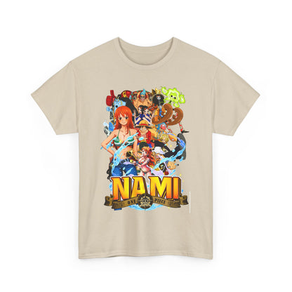 Stylish men's t-shirt in a chic beige colour, adorned with a vivid Nami graphic from One Piece, ideal for discerning anime enthusiasts.