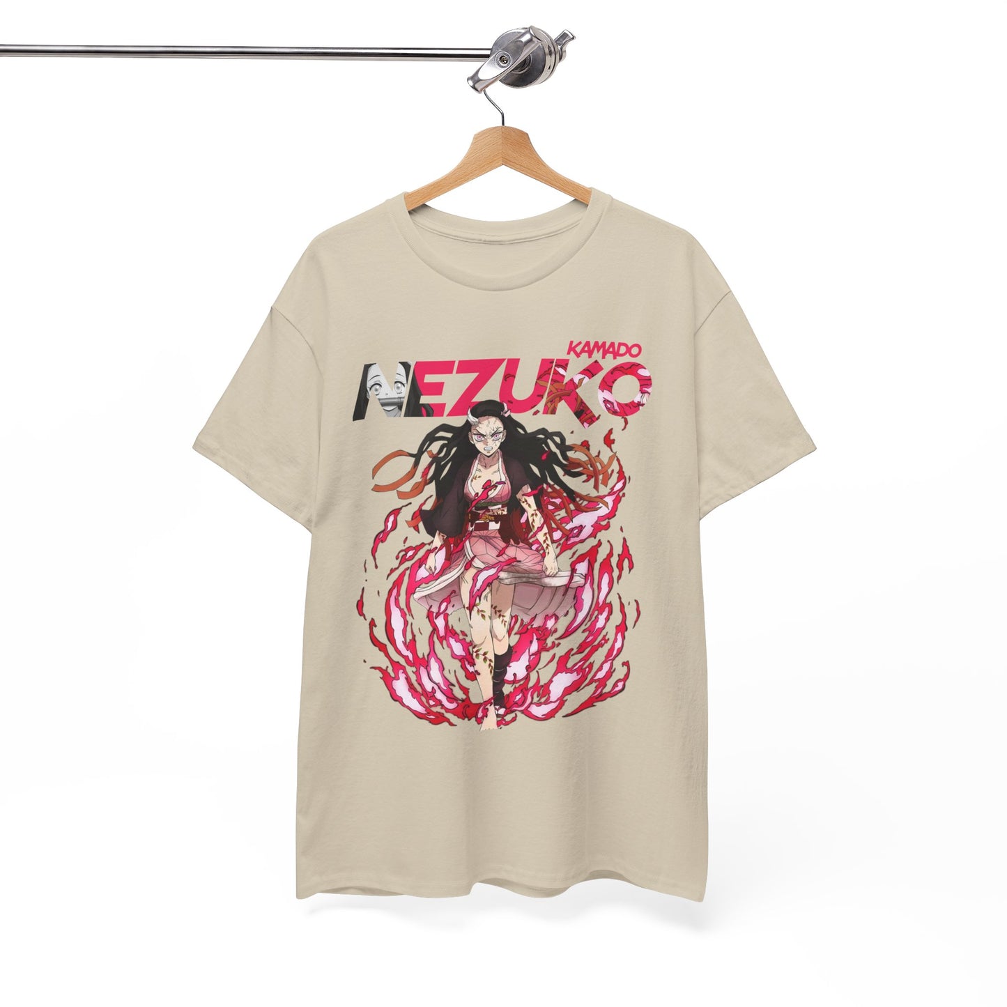Sophisticated Nezuko Kamado T-shirt displayed on a hanger, highlighting the exquisite graphic and premium fabric quality, a must-have for anime fans.