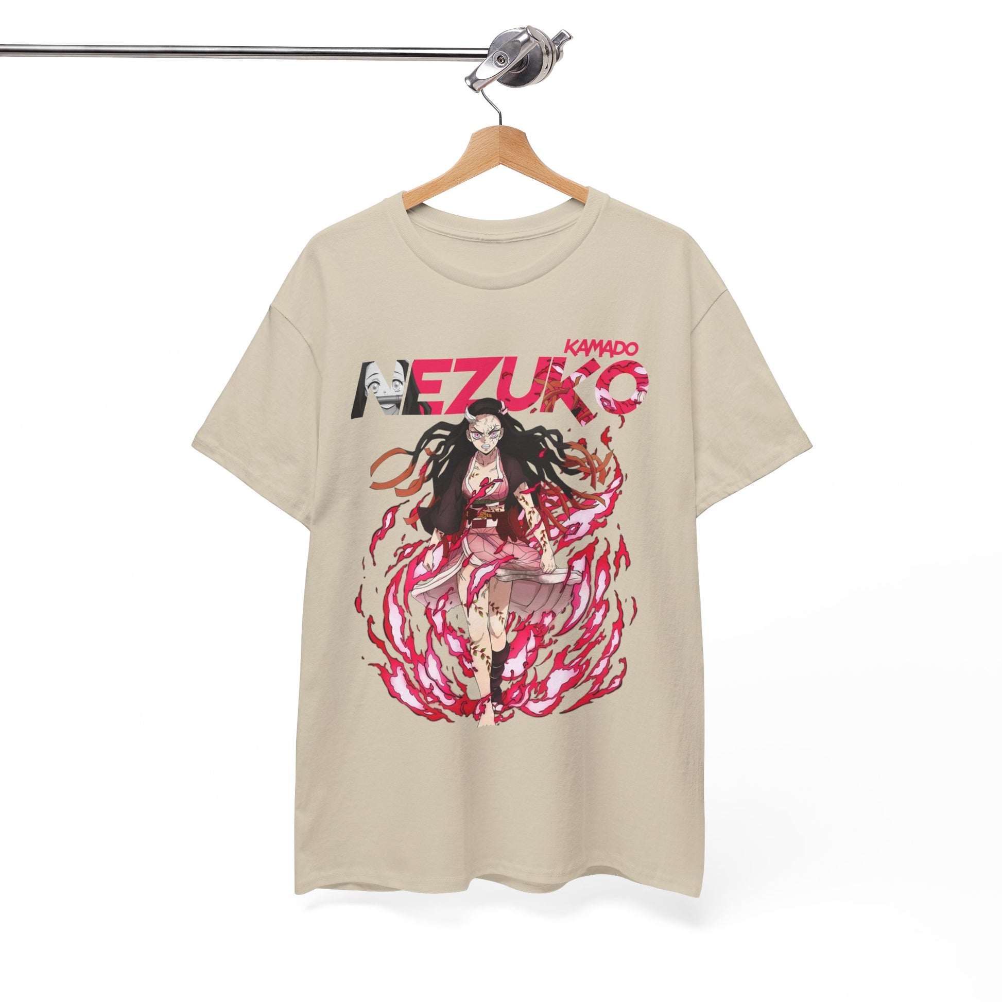 Sophisticated Nezuko Kamado T-shirt displayed on a hanger, highlighting the exquisite graphic and premium fabric quality, a must-have for anime fans.