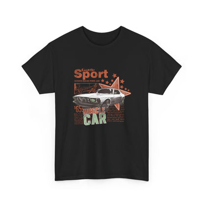 Stylish Retro Muscle Car Graphic T-shirt in black, featuring iconic vintage design with 'Gazette Sport' and 'Muscle Car' typography, ideal for modern automobile aficionados.