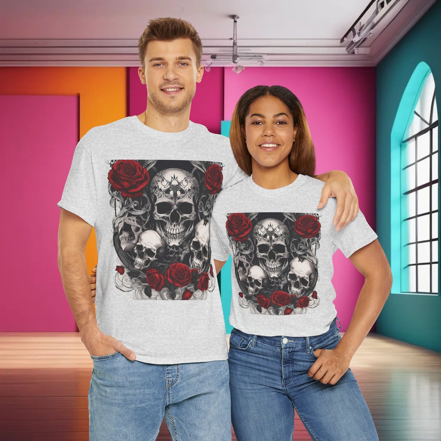 Skulls and Roses Cotton Tee, Unisex Graphic Shirt, 7 color choice