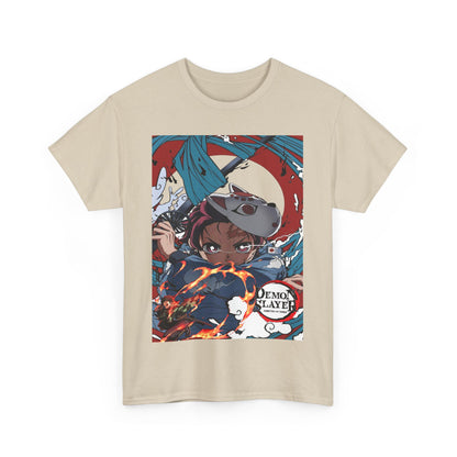 Elegant beige Demon Slayer t-shirt highlighting Tanjiro Kamado in a striking graphic print, perfect for trendy anime fashion.