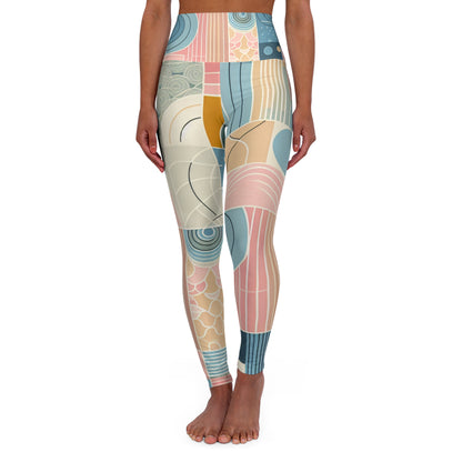 Contemporary Pastel Leggings - Stylish Comfort in Soft Pink, Blue, Yellow & Green Hues showcasing a stylish model in a dynamic pose, emphasizing the intricate pattern and flattering fit of the leggings.