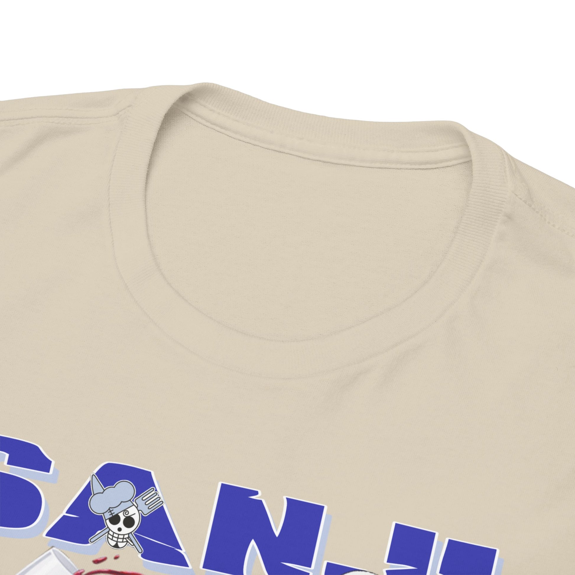 Close-up of the collar and print detail of a high-quality Sanji graphic t-shirt, showcasing intricate design elements and premium fabric.