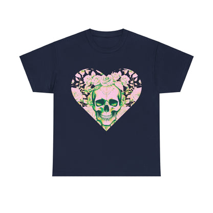 Artistic display of the Skulls and Roses Cotton Tee, Unisex Graphic Shirt, featuring a bold skull graphic adorned with roses on an elegant navy background.
