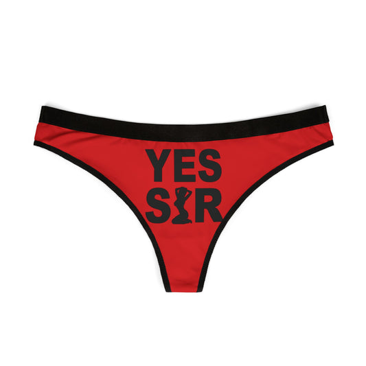 Elegant red women's thong showcasing 'YES SIR' design, ideal for cheeky gifts and special celebrations.