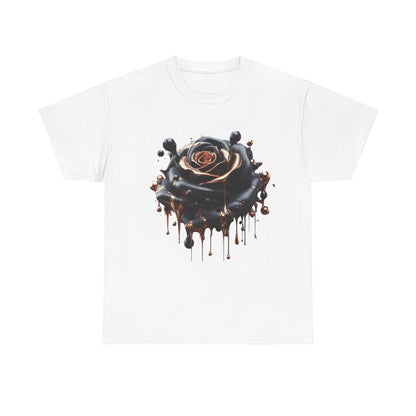 Elegant Close-Up Abstract Rose Unisex Cotton Tee Graphic T Shirt showcasing a captivating black rose with flowing bronze accents, set on a pristine white background.