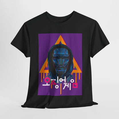Luxury Squid Game Unisex Men’s Women’s Graphic Cotton Funny T Shirt Tee featuring a vibrant design of a masked character on a striking purple background.