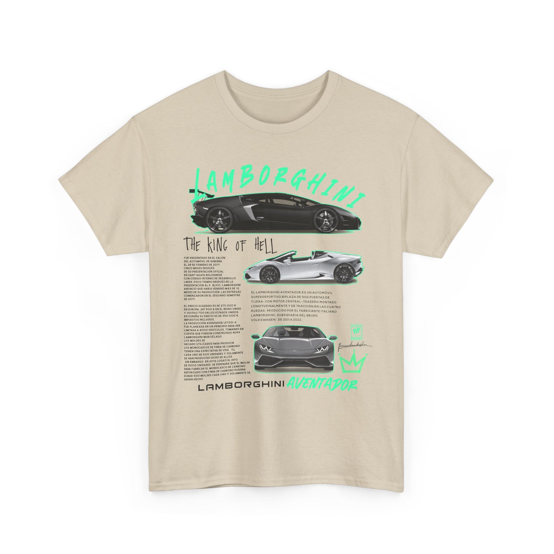 Front view of a fashionable beige men's t-shirt with striking Lamborghini Aventador graphics and insightful details, a testament to automotive luxury.