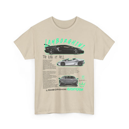 Front view of a fashionable beige men's t-shirt with striking Lamborghini Aventador graphics and insightful details, a testament to automotive luxury.