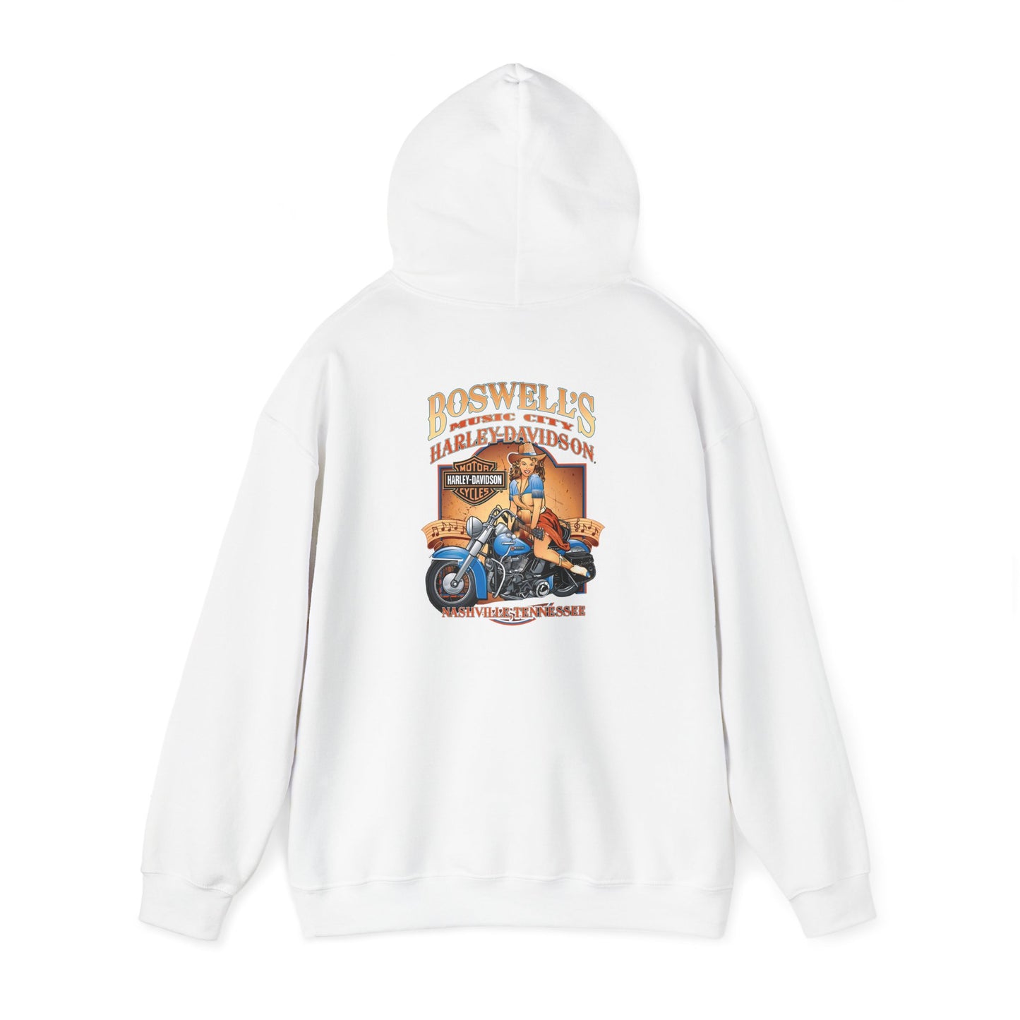 Exquisite white hoodie with detailed graphic print on the back, illustrating a vintage Harley-Davidson theme and a confident pin-up girl.
