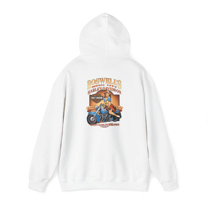 Exquisite white hoodie with detailed graphic print on the back, illustrating a vintage Harley-Davidson theme and a confident pin-up girl.
