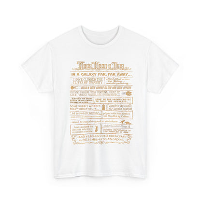 Front view of the Once Upon a Time Graphic T-Shirt for Geeks in white, adorned with intricate storytelling details and a nod to cosmic journeys.