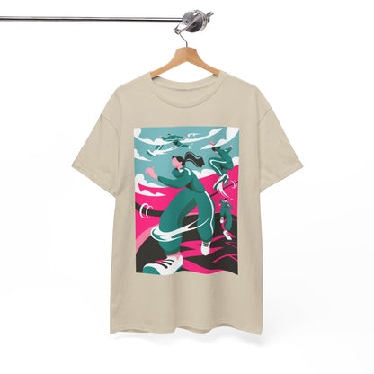 Luxuriously presented graphic t-shirt on a hanger, displaying an intricate design influenced by the iconic imagery of Squid Game, set against a chic backdrop.