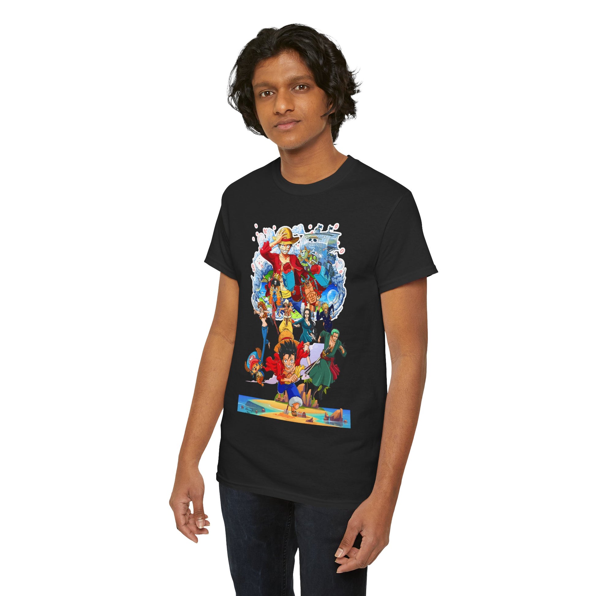 Stylish men's anime-inspired t-shirt showcasing a vibrant design featuring iconic characters from a legendary series, perfect for fashion-forward fans.