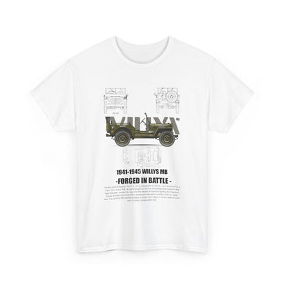 Elegant vintage 1941-1945 Willys MB men's T-shirt featuring a detailed military jeep design and bold typography, embodying historical significance and style.