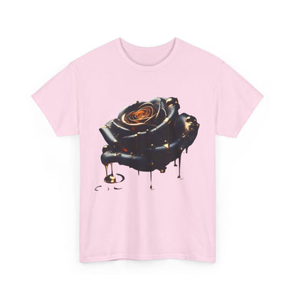 Front view of Close-Up Abstract Rose Unisex Cotton Tee Graphic T Shirt showcasing a striking abstract rose design in rich hues on a pink background.