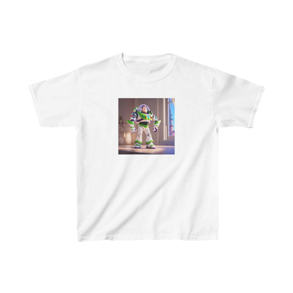 Kids Buzz Lightyear Heavy Cotton T-Shirt in classic white, elegantly displaying the charismatic Buzz Lightyear, perfect for active children who love space adventures.
